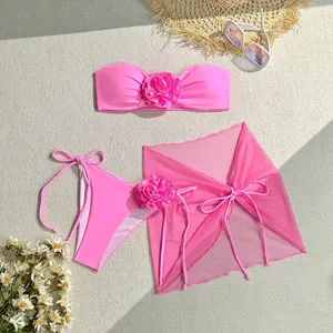 Nuevo Bikini Bandeau 3D con Flores 2026, Traje de Baño Femenino de Tres Piezas con Falda de Malla - Product Image 4
