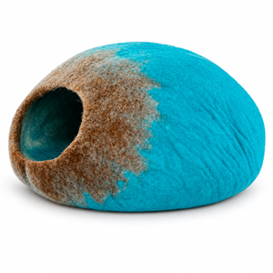 ที่นอนแมวรูปทรงกลมของอาฮานา สีฟ้าและสีน้ำตาล ทำจากขนแกะออร์แกนิก 100% ทำด้วยมือ นุ่มสบาย ใช้ในบ้าน ซักได้ ใช้ได้ทุกฤดู ผลิตในเนปาล - Product Image 2