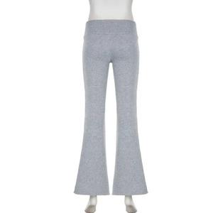 Pantalones de mujer de cintura alta, acampanados, de color liso, largos, de punto, de algodón y elastano, estilo casual de primavera, con cintura elástica y cordón ajustable. - Product Image 2
