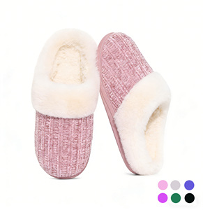 Pantuflas Cálidas de Punto con Punta Redonda y Parte Superior de Chenilla, Forradas con Piel Sintética y Espuma Viscoelástica, para Interiores/Exteriores, para Mujer - Product Image 1