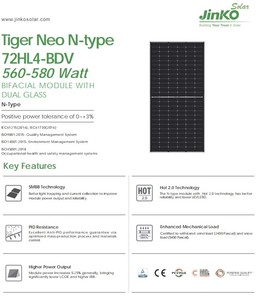 Module bifacial Ji n ko Ti g er Neo N-type 72HL4-BDV 560-580 Watt avec double vitrage - Product Image 5