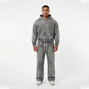 Conjunto de Sudadera con Capucha y Pantalones de Chándal para Hombre, con Logotipo Personalizado, Estilo Vintage, Lavado Ácido, Transpirable, de Forro Polar Grueso, con Cremallera, Venta al por Mayor - Product Image 1