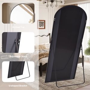 Specchio ad Arco a Figura Intera 180 cm x 76,5 cm, da Parete o da Terra con Supporto, Vetro Infrangibile, Nero - Product Image 5