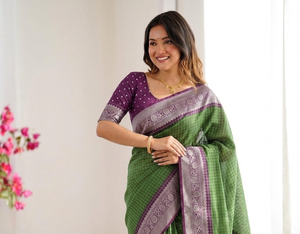 Green Cotton Blend <b>Saree</b> <b>Purple</b> Border Checkered Pattern Women Traditional Indian Wedding Wear Floor Length Regular Fit Sun - Product Image 2