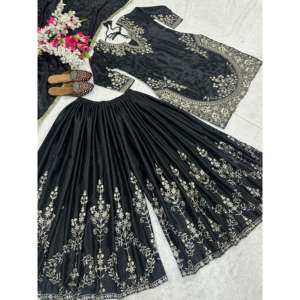 Ensemble de vêtements de soirée pour femme NF Designer Top Sharara Plazzo Dupatta Noir Taille M - Product Image 5