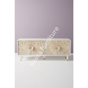 Mueble de TV Moderno de Madera con Tallado de Girasol, Acabado Blanqueado, Gabinete de Almacenamiento para Sala de Estar - Product Image 2