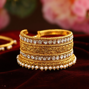 Kemp Temple Antique Gold Plated <b>Copper</b> & Brass <b>Bangles</b> with Pearl and Diamond Accents - Product Image 3