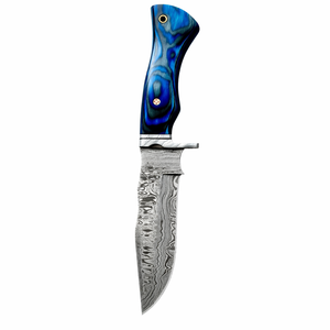 Cuchillo de Camping Hecho a Mano de Grado Industrial, Hoja de Acero de Damasco con Punta Caída, Borde Recto, Mango de Madera Pakka, Funda de Cuero - Product Image 1