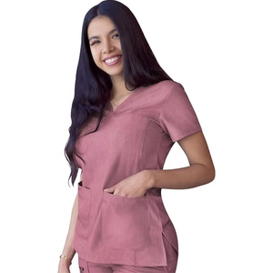 Ensemble de blouses médicales pour femmes en mélange de coton tissé, uniformes d'hôpital roses, haut à col en V et pantalon avec poches et taille à cordon de serrage - Product Image 4