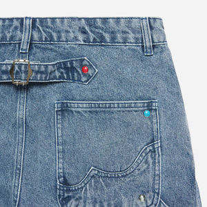 Shorts en jean pour homme, style charpentier, avec rivets en acrylique indigo, design haut de gamme, broderie, service OEM, personnalisables pour l'été - Product Image 2