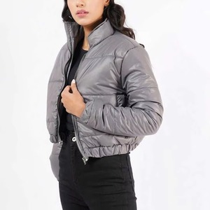 Veste matelassée grise pour femme, manches longues, col montant, fermeture éclair, longueur courte, en tissu tissé avec rembourrage en polyester pour l'hiver - Product Image 1