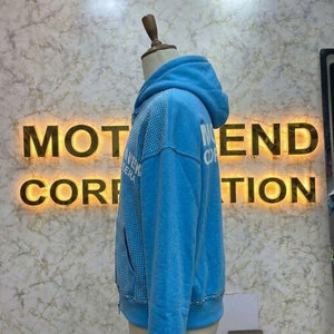 Sudadera con capucha azul de manga larga con cremallera para hombre, con estampado de letras de diamantes de imitación, estilo urbano - Product Image 5