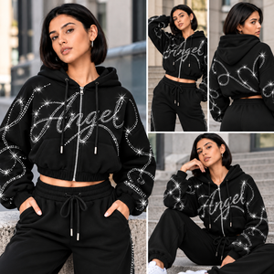 Custom Rhinestone <b>Cropped</b> <b>Zip</b> <b>Up</b> <b>Hoodie</b> Women Sparkle Streetwear Heavyweight Fleece Sweatshirt Wholesale B2B Supplier USA - Product Image 5
