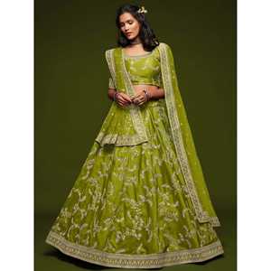 Impressionnant fil vert néon broderie Art soie mariage Lehenga Choli - Product Image 5