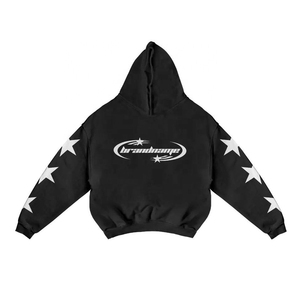 Sudadera con Capucha Extra Grande para Hombre, Negra, de Algodón, con Estampado de Estrellas en las Mangas y Logotipo en la Espalda, Estilo Casual de Otoño - Product Image 1