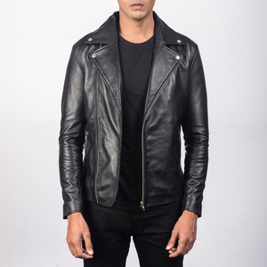 Men's Genuine Leather Biker Jacket Black Slim Fit Stand Collar Zipper Closure Moto Style Autumn Wear Quick Dry - Product Image 5