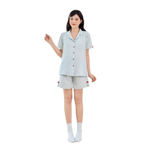 B2 MUM B902 Maternity Women's Blue Striped 100% <b>Linen</b> Shorts <b>Set</b> Breathable Fabric Zipper Design for Breastfeeding Adjustable - Product Image 1