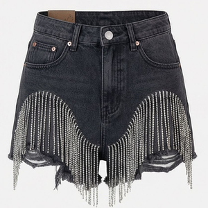 Short en jean délavé avec strass personnalisés, style vintage tendance, pour unisexe, streetwear et tenue décontractée - Product Image 1