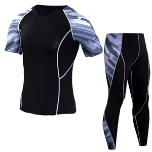 Men's Black Geometric <b>Compression</b> Set <b>Short</b> Sleeve Crew Neck Quick Dry Spandex Polyester Full Length Pants All Seasons - Product Image 1