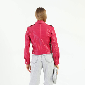 Veste moto en cuir véritable pour femme, manches longues, col montant, fermeture à ceinture, couleur unie, style automne - Product Image 2