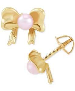Orecchini con fiocco rosa in oro 14k per bambini con perla d'acqua dolce coltivata (3mm) | Macacy's - Product Image 1