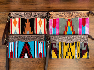 Cartera de mano de cuero de vaca genuino para mujer, bolso de mano con manta de sillín de cuero occidental, bolso Floral Vintage - Product Image 3