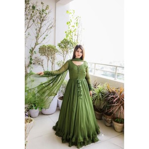 PANTALON ROBE DE TRAVAIL FANTAISIE GEORGETTE LINNING AVEC DUPATTA PERROQUET VERT - Product Image 2