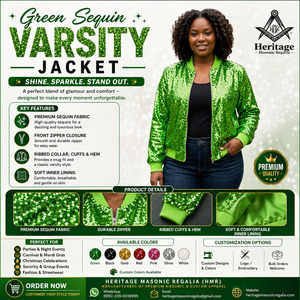 Heritage Masonic Regalia Wholesale New Arrival Custom Green <b>Sequin</b> Varsity Bomber <b>Jacket</b> Windproof Satin Greek Apparel - Product Image 4