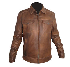 Chaqueta clásica de cuero vacuno marrón para hombre con cuello de camisa y bolsillos con solapa, chaquetas de moto con cremallera para hombre de alta calidad - Product Image 1