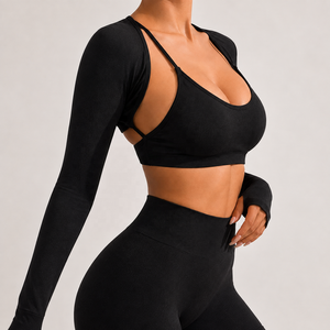 Ensemble de yoga sans couture pour femme : soutien-gorge de sport, short taille haute, shrug à manches longues, séchage rapide, extensible, pour fitness et gym - Product Image 5