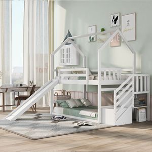 Letto a castello bianco a due piazze con scivolo convertibile e scala contenitore per bambini - Product Image 4