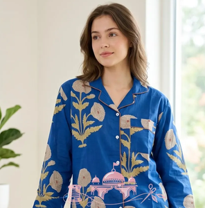 Conjunto de Pijama de Manga Larga para Mujer, Diseño Floral en Algodón Azul, Hecho a Mano, Transpirable, para Primavera, Verano y Otoño - Product Image 1