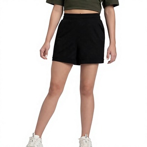 Women's Mid Waist Black Cotton <b>Shorts</b> with Pockets Casual Knitted Breathable Elastic Waist Regular Fit Solid Color Fur Flowers - Product Image 1