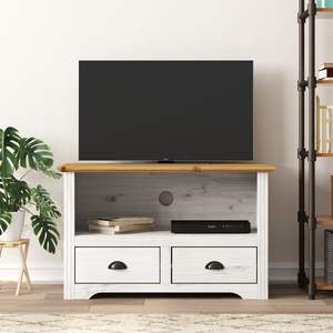 Meuble TV en bois de pin massif, blanc et marron, avec support en métal et bois d'ingénierie - Product Image 1