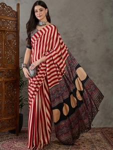 Sari de Mezcla de Seda con Estampado Digital a Rayas Estilo Bollywood KV - Product Image 5