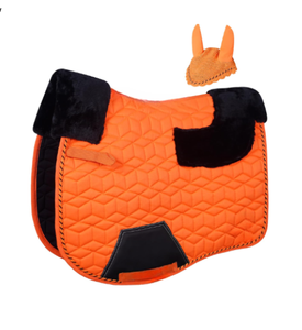 Premium Sheepskin Horse Saddle Pad Set with Matching Ear Bonnet | Hexagon Quilted <b>Equestrian</b> Saddle Cloth | Horse Riding - Product Image 2