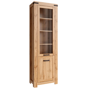 Mueble de Almacenamiento Moderno de Roble Macizo Ecológico con Forma Trapezoidal, Vitrina con Puerta de Vidrio y Tirador de Hierro para el Hogar - Product Image 1