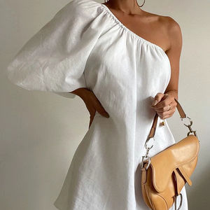 Vestido Mini Blanco de un Hombro para Mujer, Vestido de Lino Informal de Verano con Mangas Abullonadas, Vestido Elegante para Fiesta o Playa - Product Image 1