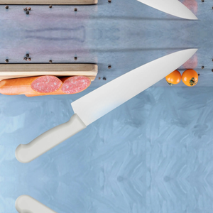 Couteau de boucher à manche blanc avec lame longue et pointue argentée pour trancher la viande, la préparation des aliments, la découpe des saucisses et la cuisson - Product Image 5