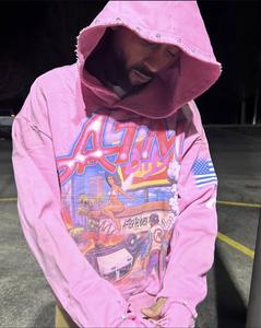 Sudadera con capucha rosa personalizada de invierno con gráfico, estilo oversize, efecto desgastado, con detalles de pedrería, estilo vintage, estampado streetwear 100% - Product Image 4