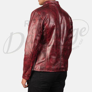 Chaqueta de cuero genuino rojo granate premium para hombre, estilo motero, corte ajustado, cuello alto, vintage, desgastada, para motocicleta y uso urbano - Product Image 2