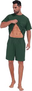 Conjunto de Pijama de Dos Piezas para Hombre, Verano, Casual, 100% Algodón, Tejido de Punto, Color Verde Sólido, Camiseta de Manga Corta y Pantalones Cortos - Product Image 2