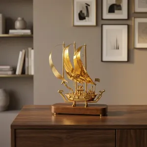Modèle de bateau à voile artisanal en métal Golden Horizon avec base en bois, décoration nautique de luxe pour la maison, finition dorée - Product Image 5