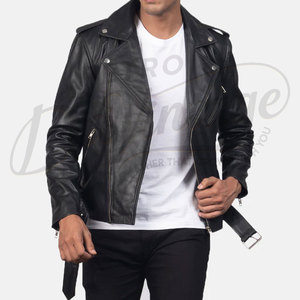 Men's Premium Black Real Leather Racer <b>Jacket</b> - Slim Fit Genuine <b>Sheepskin</b> Biker Coat with Chest Zip Pockets - Product Image 5