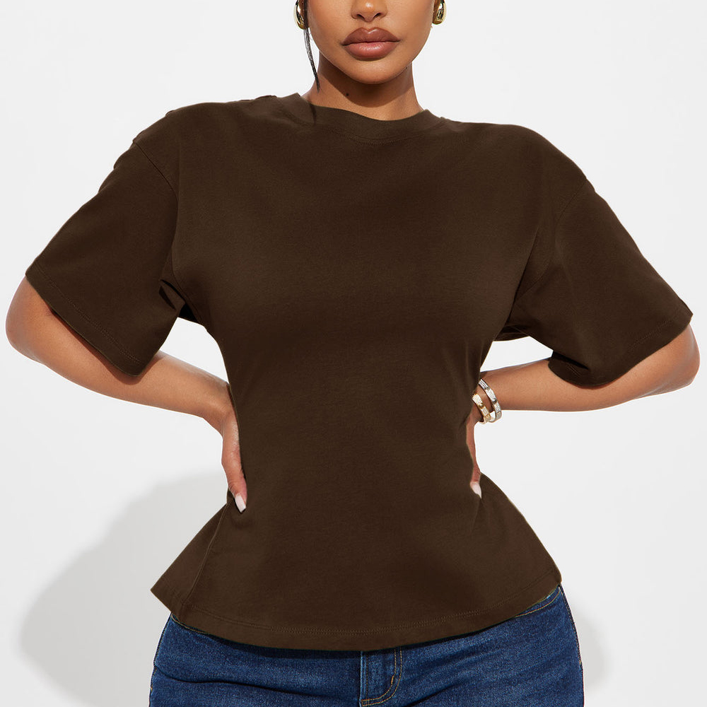 Women's Hip Hop Solid Brown Jersey Regular Fit Daily Casual Women Back Zip T-shirt Short Sleeve Curved Bottom Ribbed Gym T-shirt