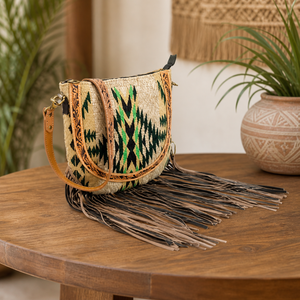 Western Wool Leather Fringe Hobo Shoulder <b>Bag</b> Women Southwestern Pattern | Crossbody Hand Tooled <b>Boho</b> Style | India Export Plus - Product Image 4