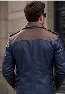 <b>Men's</b> navy blue brown buckle Leather <b>Jacket</b> turn down Collar With Button Closure - Product Image 2