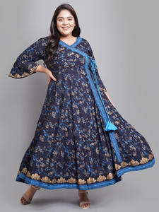 Kurti Angrakha en rayonne à imprimé floral bleu avec col en V et manches cloche pour femmes grandes tailles, vêtements décontractés tendance - Product Image 1
