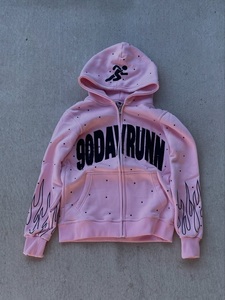 Custom Oversized Full Zip Hoodie Black <b>Rhinestone</b> Streetwear Sweatshirt Flame Print Heavyweight Unisex Hooded <b>Jacket</b> - Product Image 6
