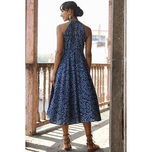 Vestido Midi Azul Estampado con Cuello Halter para Mujer, Vestido Casual de Verano sin Mangas de Algodón - Product Image 3